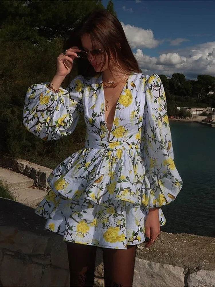 Elegant Ruffles Mini Dress for Women - Deep V Neck, Spring Fashion - Buy Center