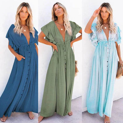 LCSKEREAL Women's Summer V-Neck Bikini Cover Up - Bohemian Style Dress - Buy Center