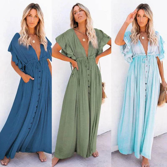 LCSKEREAL Women's Summer V-Neck Bikini Cover Up - Bohemian Style Dress - Buy Center