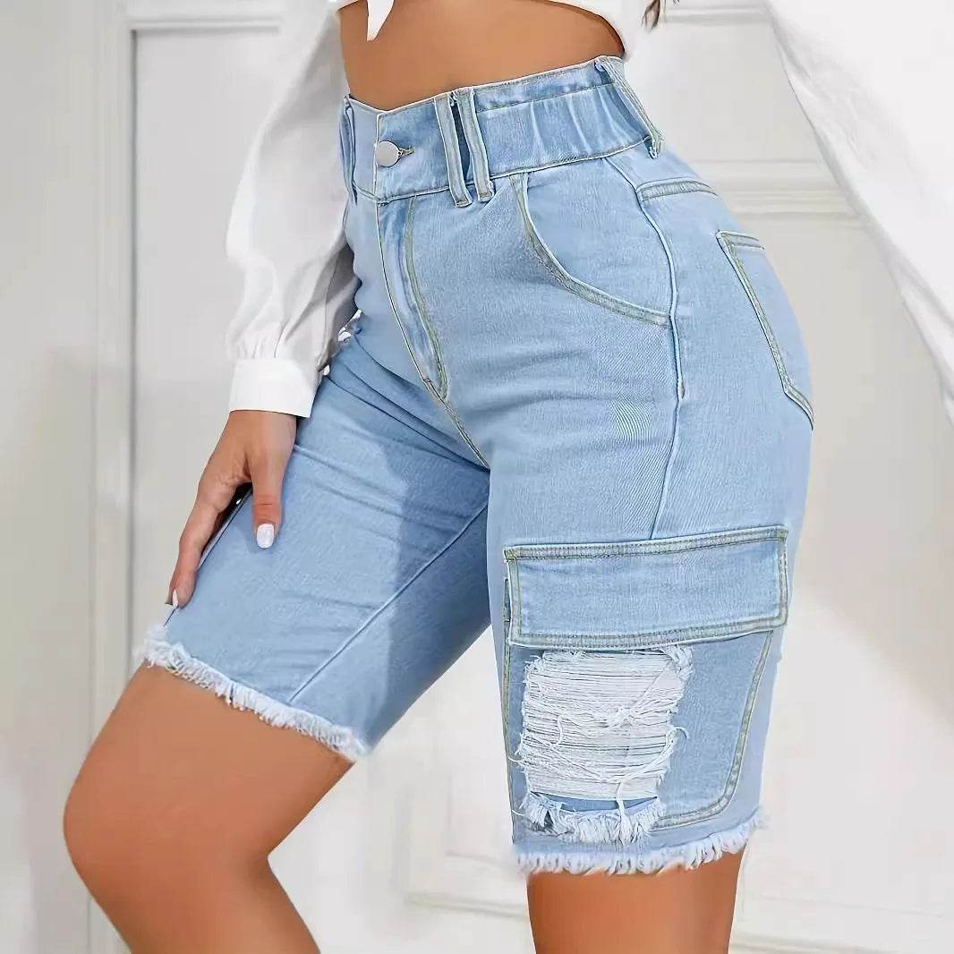 Wulend Women's High Waist Distressed Denim Shorts - Casual Patchwork Style - Buy Center