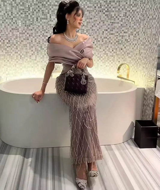 Custom Luxury Jersey Pleat V-Neck Midi Dress - Evening Gown - Buy Center