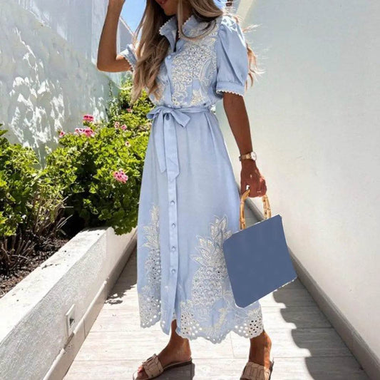Elegant Women’s Lace-up Maxi Dress - Summer Puff Sleeve A-Line - Buy Center