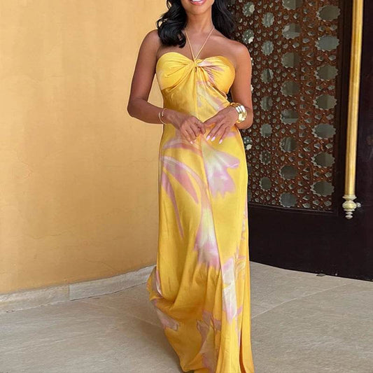 ELSVIO Women's Yellow Printed Halter Dress - Sexy Summer A-Line Style - Buy Center