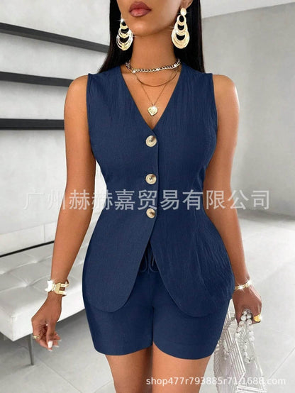 Stylish Women's V-neck Shorts Set - Solid Color, Sleeveless Design - Buy Center