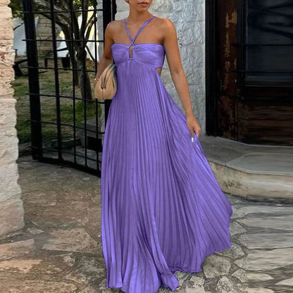 ELSVIOSE Blue High Waist Pleated Dress - Sexy Halter Sleeveless Summer - Buy Center