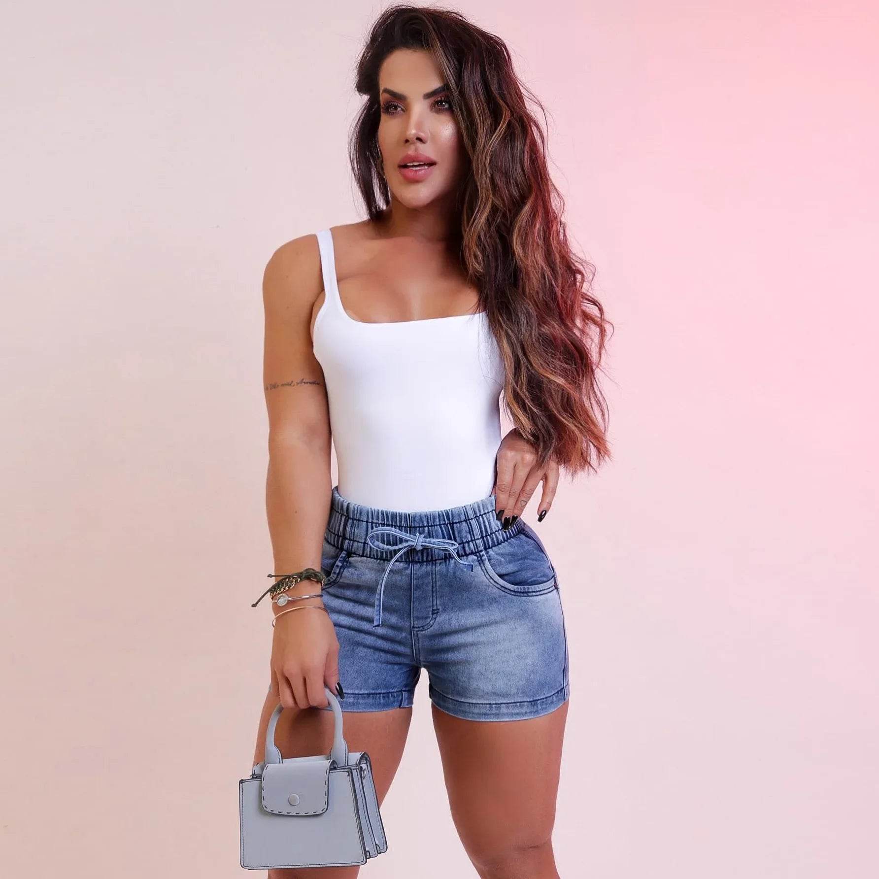 Kalenmos Women's Mid Waist Denim Shorts - Slim Fit with Pockets - Buy Center