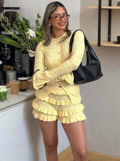 Tossy Women's Summer Knit Ruffled Cardigan and Shorts Set - Buy Center