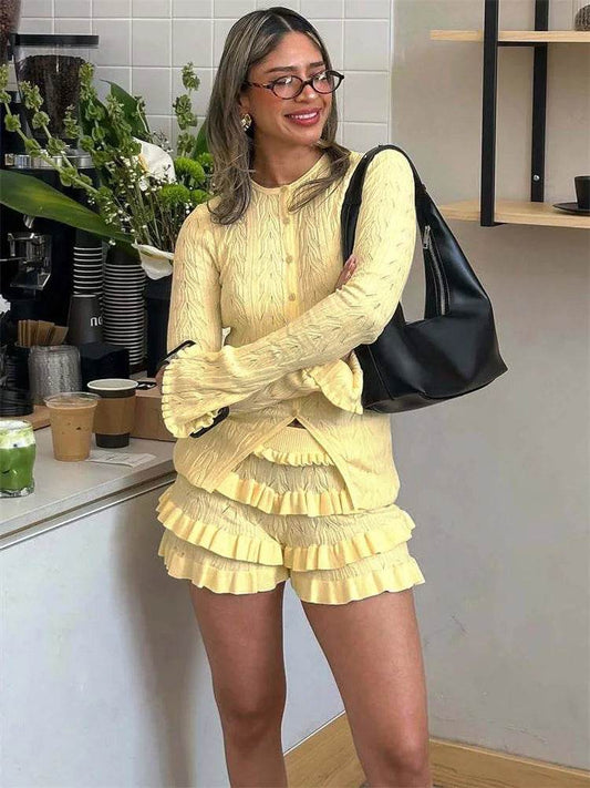 Tossy Women's Summer Knit Ruffled Cardigan and Shorts Set - Buy Center