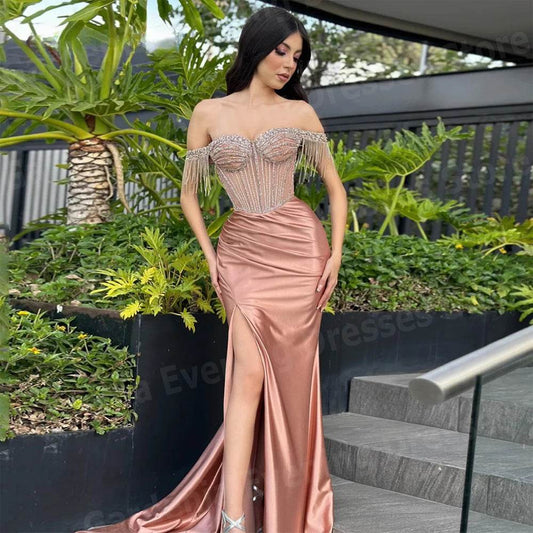 Elegant Off-The-Shoulder Mermaid Evening Dress - Beaded Detail Gown - Buy Center