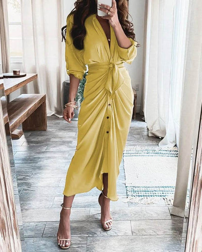 Summer Women’s Bandage Ruched Dress - Elegant V-Neck Casual Wear - Buy Center
