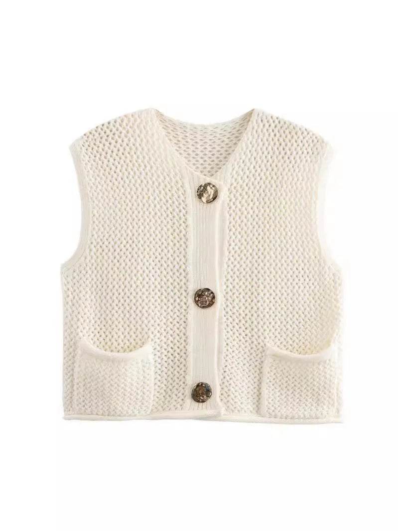 Chic Women's Sleeveless Knit Vest Sweater with Big Pockets - Buy Center