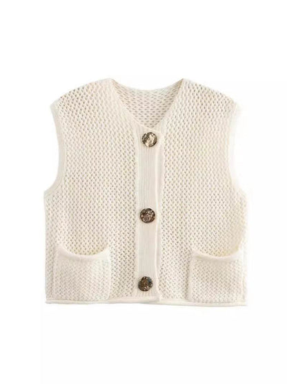 Chic Women's Sleeveless Knit Vest Sweater with Big Pockets - Buy Center