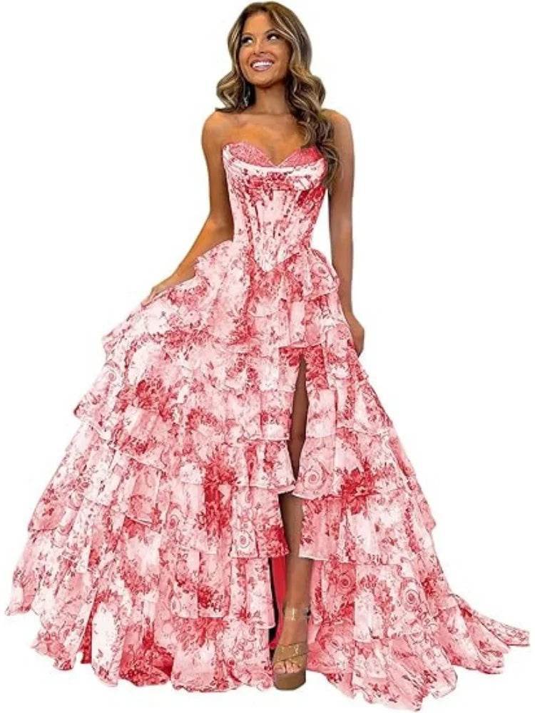 TSxuelian Floral Tiered Prom Dress - Strapless Ruffle Evening Gown - Buy Center
