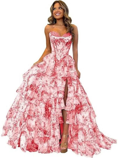 TSxuelian Floral Tiered Prom Dress - Strapless Ruffle Evening Gown - Buy Center