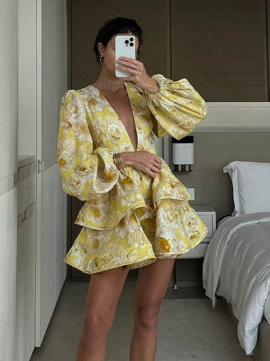 Elegant Ruffles Mini Dress for Women - Deep V Neck, Spring Fashion - Buy Center