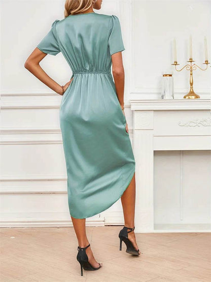 Elegant Satin Summer Dress 2024 - V-Neck, Short Sleeve A-Line - Buy Center