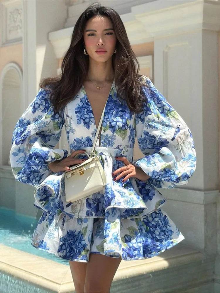 Elegant Ruffles Mini Dress for Women - Deep V Neck, Spring Fashion - Buy Center
