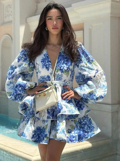 Elegant Ruffles Mini Dress for Women - Deep V Neck, Spring Fashion - Buy Center
