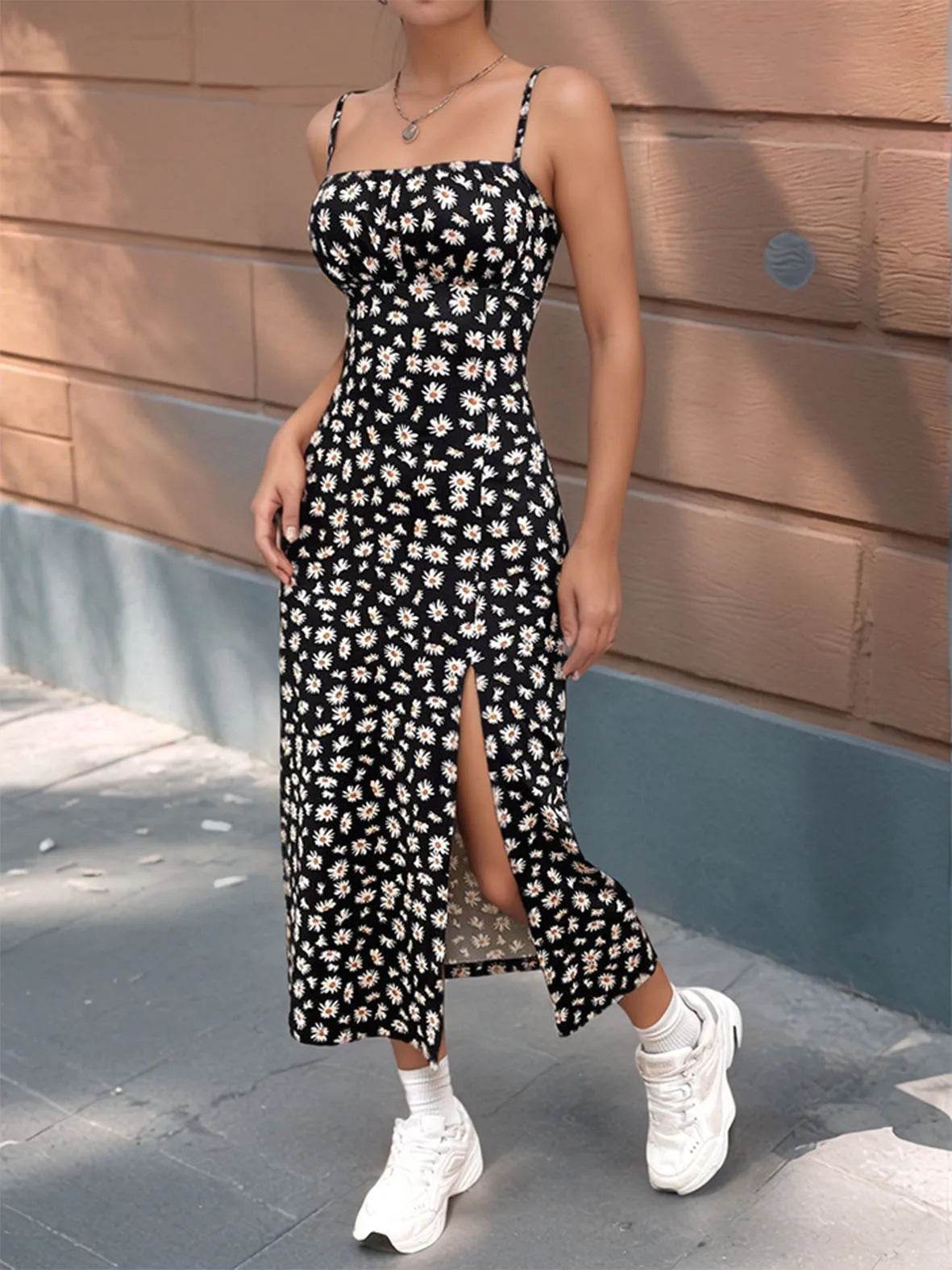 Suofeiman Floral Print Midi Dress - Sleeveless High Slit for Spring - Buy Center