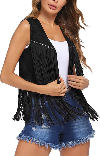 Summer Casual Chamois Leather Jacket - Multi-button Fringed Vest - Buy Center