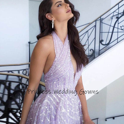 Customized Luxury Halter Neck Evening Dress - A-Line & Backless - Buy Center