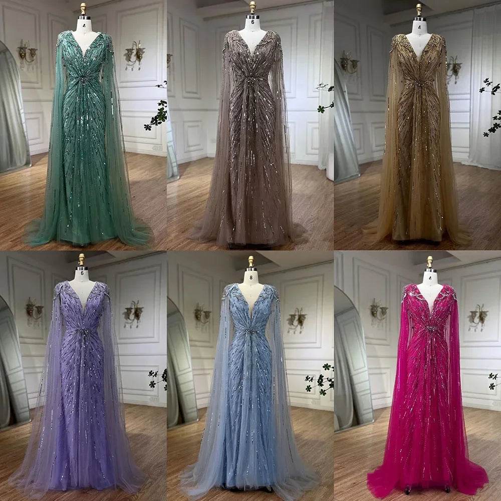 Serene Hill Turquoise Mermaid Evening Dress with Beaded Cape Sleeves - Buy Center
