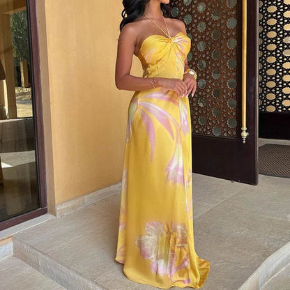 ELSVIO Women's Yellow Printed Halter Dress - Sexy Summer A-Line Style - Buy Center