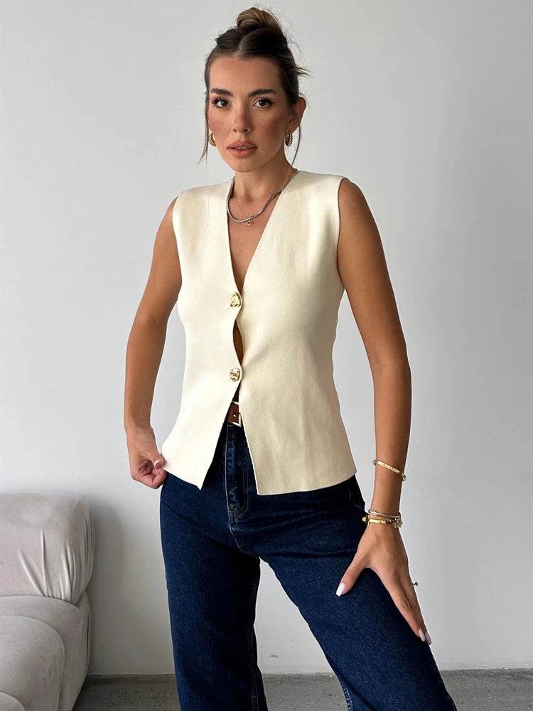 Trendix V Neck Button Knit Vest for Women - Casual Sleeveless Cardigan - Buy Center