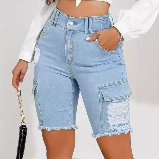 Wulend Women's High Waist Distressed Denim Shorts - Casual Patchwork Style - Buy Center