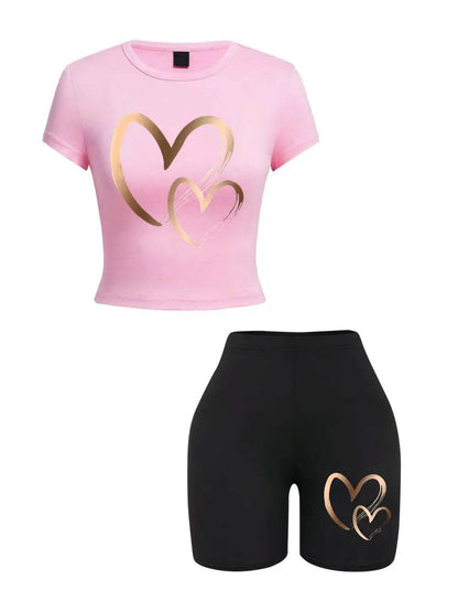 Teekossc Summer Women’s Slim-fit T-Shirt & Shorts Set - Hearts Print - Buy Center