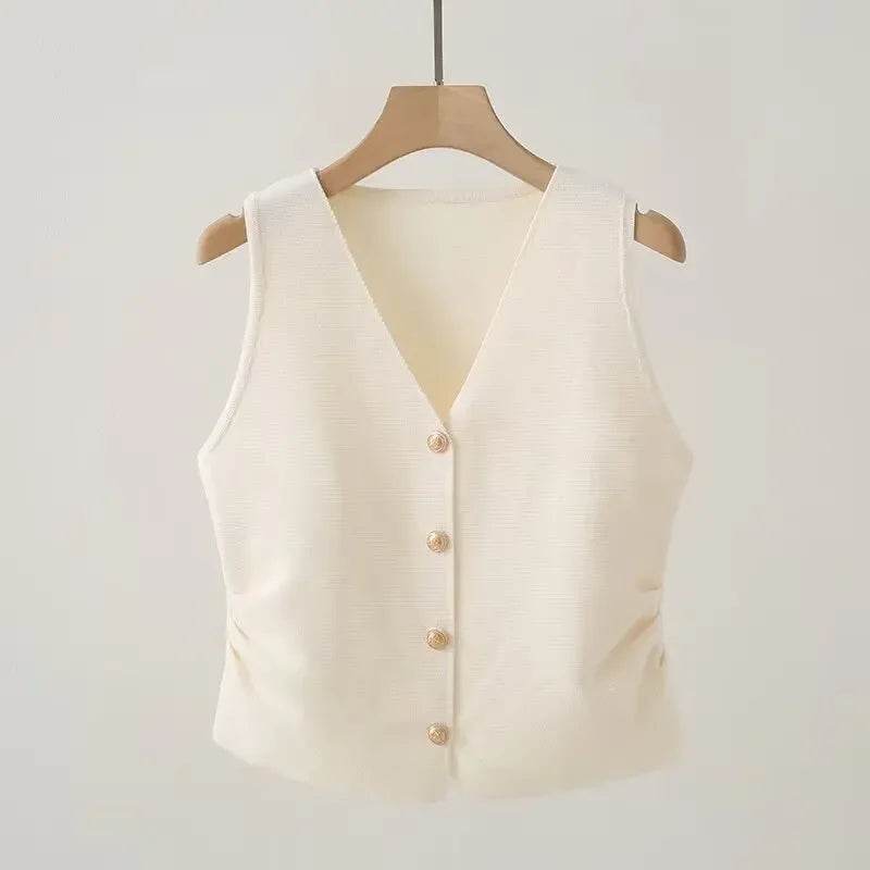 Fictitni Women's Gold Button Front Vest - Chic Spring Summer Style - Buy Center