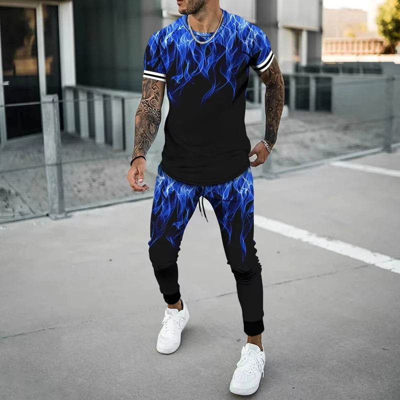 Flame 3D Printed Casual Summer Set - Short Sleeve T-Shirt & Pants - Buy Center