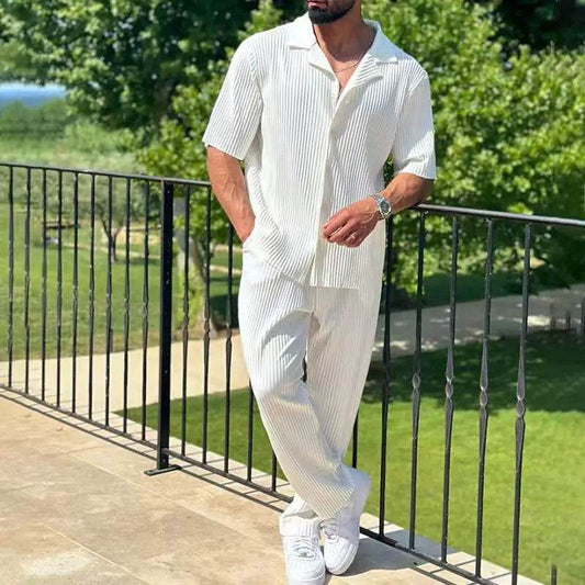 Men's Sportswear Set - Casual Solid Color Short Sleeve & Pants Suit - Buy Center
