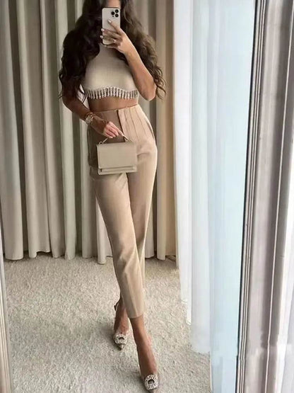 TRZA High Waist Solid Pants - Casual Ankle Trousers with Pockets - Buy Center