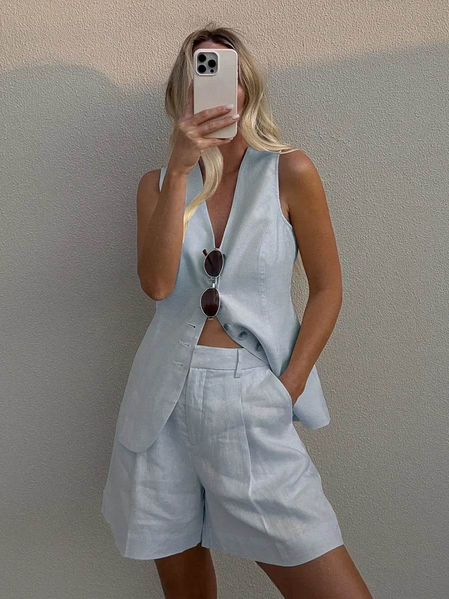 Orinchic Women's Casual Cotton Linen Vest Shorts Set for Summer - Buy Center