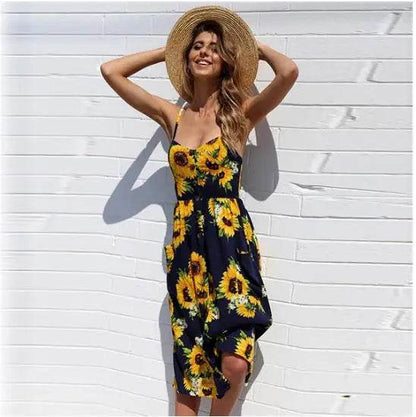 Women's Beach Print Midi Dress - Spaghetti Strap V-Neck Style - Buy Center