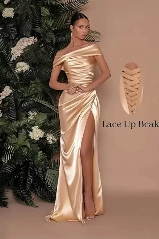 Stunning Off The Shoulder Satin Mermaid Prom Dress - High Split Design - Buy Center