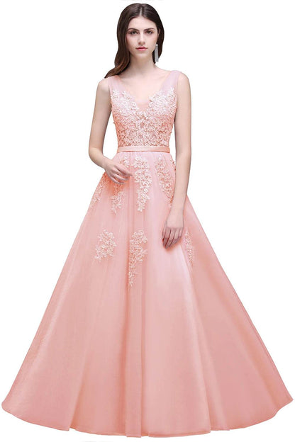 Elegant A-Line V-Neck Tulle Dress - Sleeveless Prom Gown for Women - Buy Center