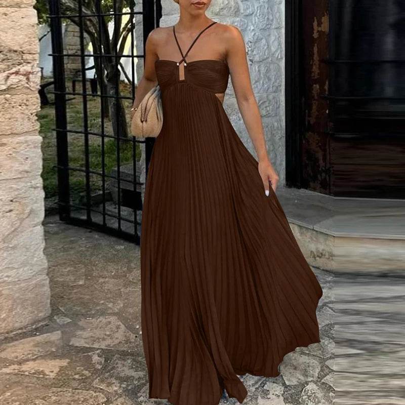 ELSVIOSE Blue High Waist Pleated Dress - Sexy Halter Sleeveless Summer - Buy Center