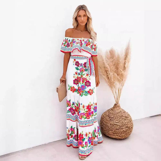 2024 Spring Summer Off-shoulder Red Floral Dress - Loose Fit Style - Buy Center