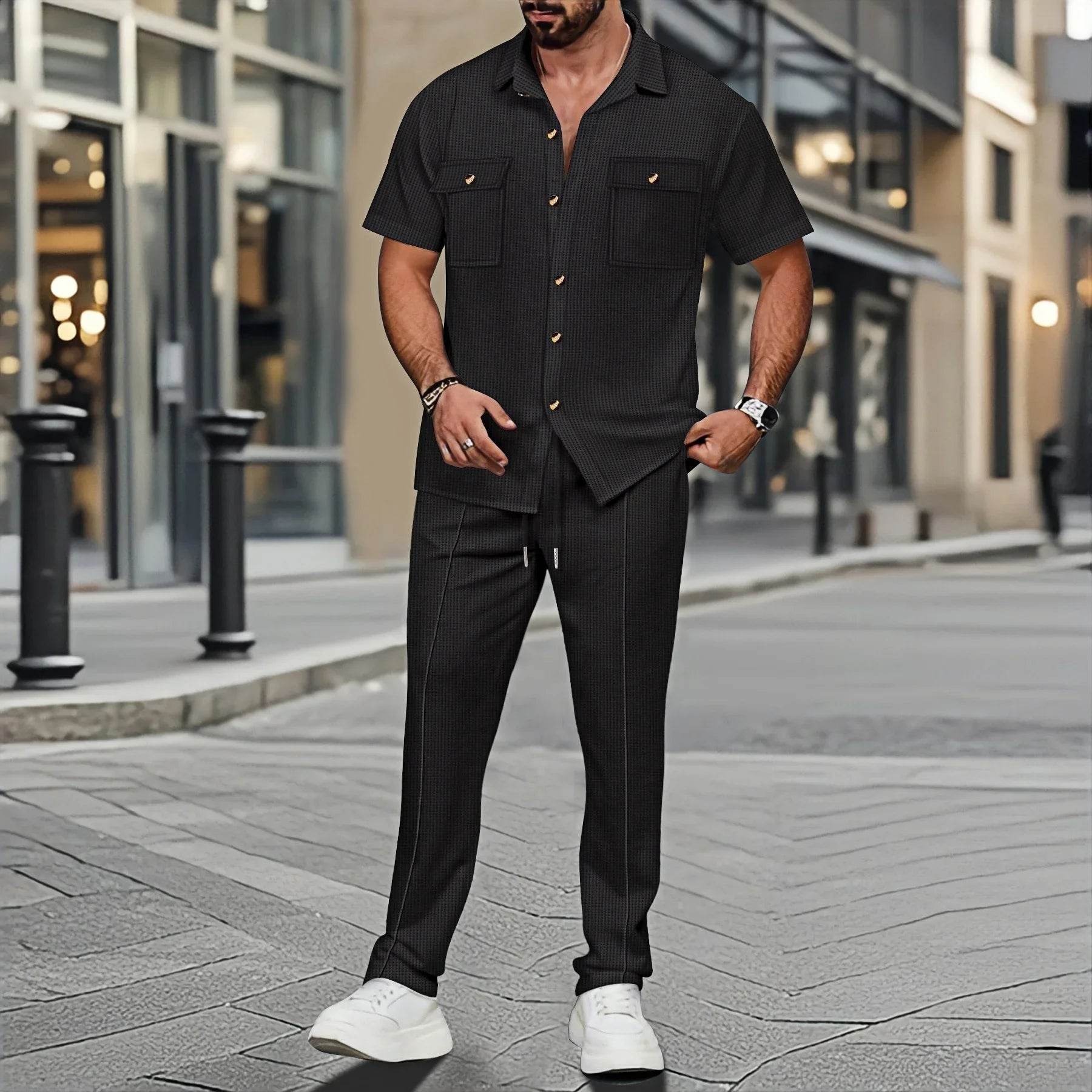 Men's Casual Short-Sleeved Waffle Check Shirt - Summer Fashion Set - Buy Center