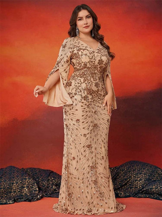 Lucy in Love Plus Size Gold Evening Dress - Long Sleeve Mermaid Gown - Buy Center