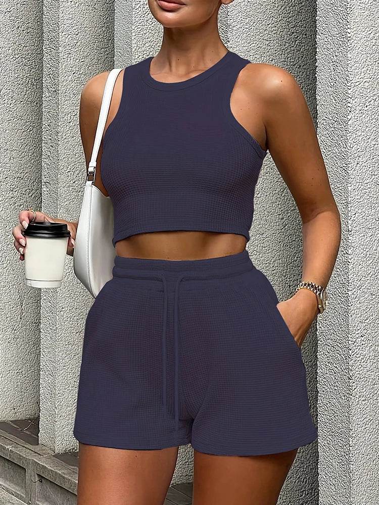 Women's 2024 Summer Sleeveless Waffle Two-Piece Set - Casual & Elegant - Buy Center