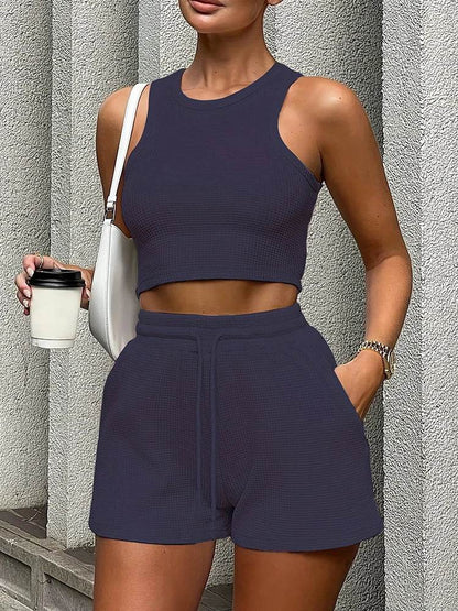 Women's 2024 Summer Sleeveless Waffle Two-Piece Set - Casual & Elegant - Buy Center