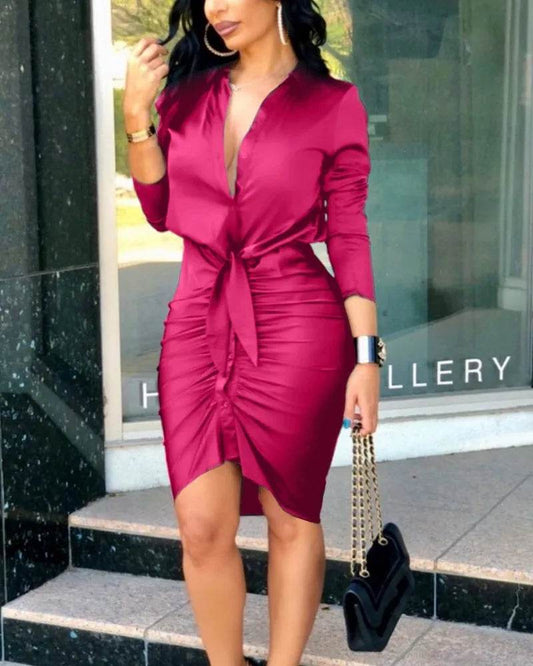Elegant Women's Long Sleeve Button-Down Shirt Dress - Mini Length - Buy Center