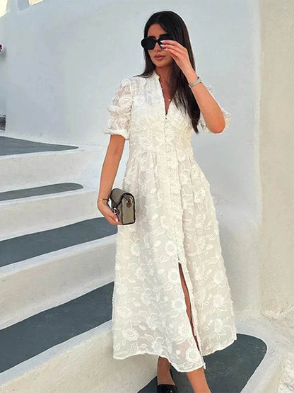Elegant Lace Hollow Out Midi Dress - Women’s V-Neck Party Attire - Buy Center