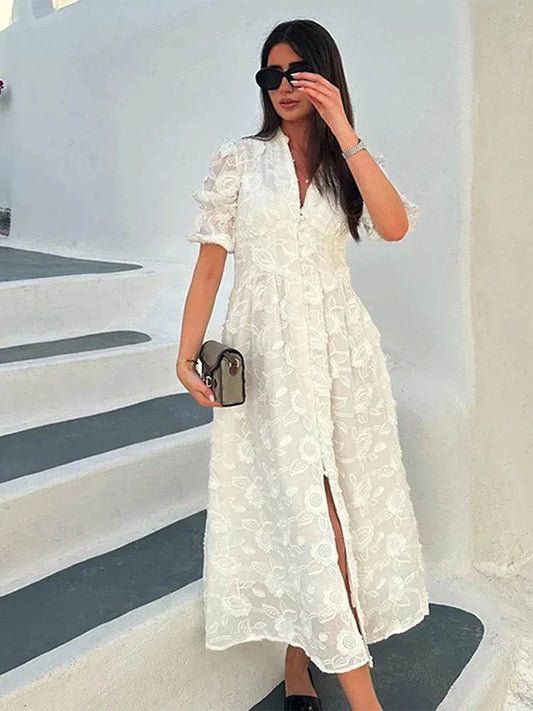 Elegant Lace Hollow Out Midi Dress - Women’s V-Neck Party Attire - Buy Center