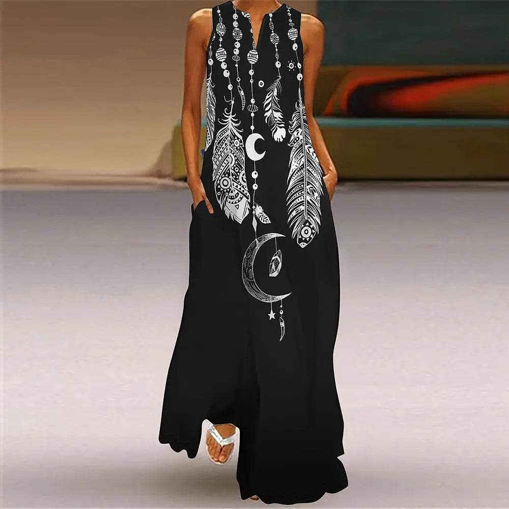 Women's Plus-Size Casual Dress - Elegant V-Neck Feather Print - Buy Center