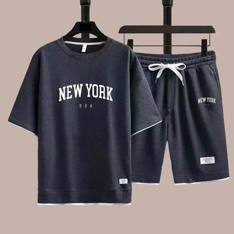 OLOEY Men's 2025 Waffle T-Shirt & Shorts Summer Fashion Suit - Buy Center