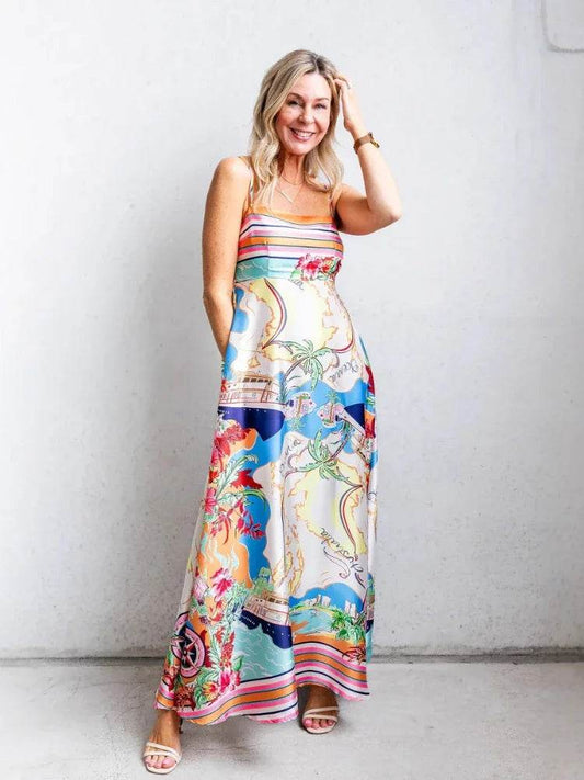 GPBD Women's Elegant A-line Vacation Dress - Printed High Waist Style - Buy Center
